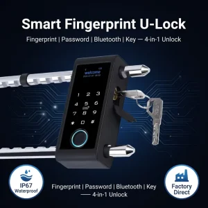 IP67 Waterproof Smart U Lock Fingerprint Motorcycle Bicycle Lock Bluetooth Anti-theft Heavy Duty ULock with Keys for E-bike Gate