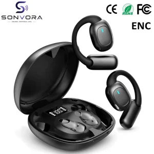 IPX5 Sports Open Ear Wireless Ear Hooks Earphones, ENC Clear Call Touch Control LED Battery Display Running Earbuds