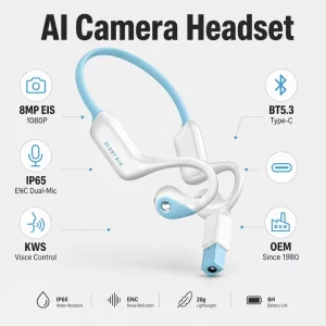 In Ear AI Camera Headset 8MP EIS 1080P BT5.3 IP65 ENC Type C LED KWS Voice TF 32GB Hands Free OEM Factory