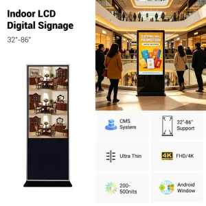 Indoor 32” Floor Standing LCD Advertising Screen Anti Glare Multi Touch Android Windows OS Adobe RGB 98% for Restaurants Retail