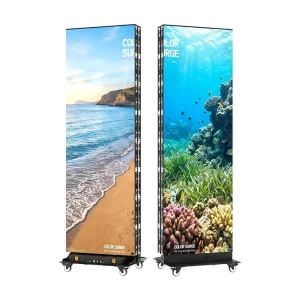 Indoor LED Poster Advertising Screen 80 Inch P1.53 P1.86 P2.5 33kg Easy Move Leveling Wheel Cloud Management Digital Signage