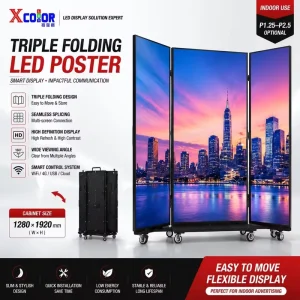 Indoor P1.25 Triple Folding LED Poster Display Screen Portable Digital Signage LED Video Wall Floor Standing Display Advertising
