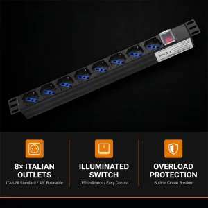 Industrial Italy Basic PDU 19 Inch 1U 1.5U Server Rack Power Strip 6/7/12 Way 45 Degree Turned Sockets EIA Standard Rackmount