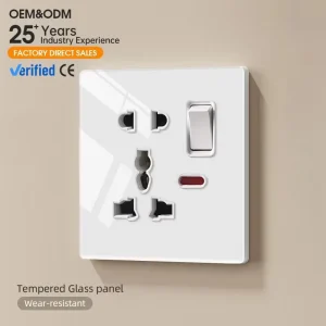 Industrial Wall Socket Anti-Scratch Oil-Repellent Tempered Glass 13A/10A Easy Clean USB Ports for Home Hotel Bedroom