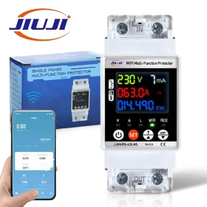 JIUJI WiFi Rail Mounted Prepaid Multi Parameter Metering Energy Meter 220V AC 63A Smart WiFi Leakage Switch Protector