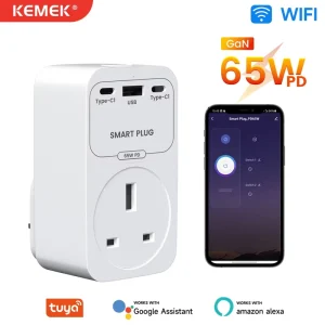 KEMEK 65W GaN WiFi Smart Plug with USB a Type C Ports for UK Standard Home Smart Life Socket
