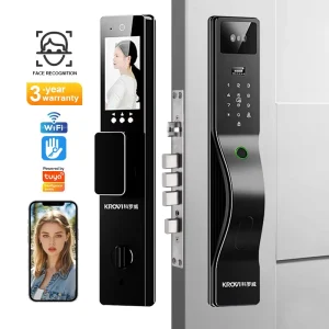 KROVI PR09 OEM ODM ‘s Latest Ergonomic Cerradura Inteligente 3D Face Smart Door Lock TT WoodDoor Smart Door Lock With Camera