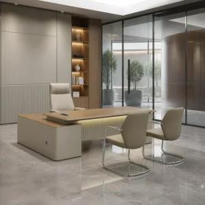 L Type Office Workstation Desk Steel Legs E1 MDF Vacuum Forming Wood Grain LED Light Strip Multifunction Wire Box