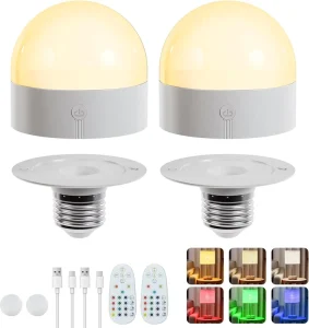 Rechargeable Battery-Powered Light Bulb with Remote Control and Timer, Dimmable Magnetic Backup LED Bulb, 15-Color Cordless Bulb