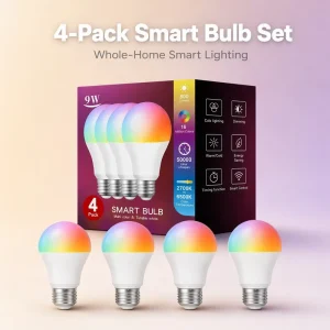 Smart LED Light Bulbs 4-Pack, RGB Color-Changing, A60 9W, App-Controlled, for Home and Hotel Use, E27 E26 B22 E14, 85–265V, Dimmable