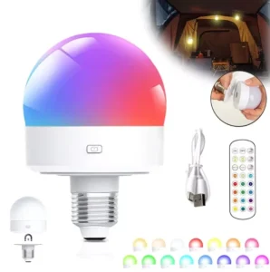 LED Smart Rechargeable Light Bulb with Remote Control, Optional RGB Colors, Dimmable, ABS+PC Material