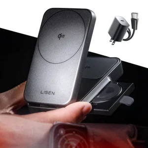 LISEN 3 in 1 Qi2 Magnetic Wireless Charging Station 15W Fast Charger Stand Foldable Travel Power Dock for iPhone 17 16 15Pro Max