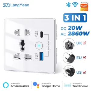 LangYeao PD20W Zigbee WiFi Smart Wall Socket UK Standard 13A with USB Type C Remote Control Works with Tuya Alexa Google Home