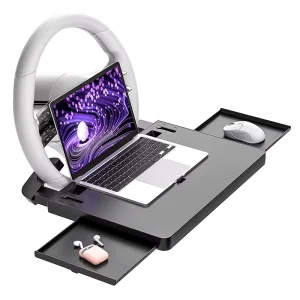 Large Car Steering Wheel Tray with Retractable Slot Car Food Tray Adjustable Laptop Mount for Working Eating Writing