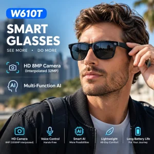 Latest 8MP AI Translation Dual Mic Noise Reduction Music IP66 Waterproof Smart Glasses for Outdoor Use W610T