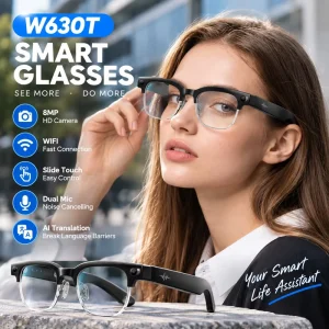 Latest W630T AI Translation Dual Mic Noise Reduction Music IP66 Waterproof Metal Frame Smart Glasses for Business