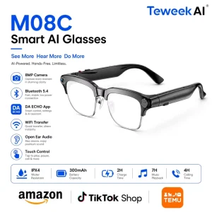 M08C AI Camera Glasses Selfie Monitor Screen 8MP Photo Video Recording WiFi Transfer Music Calling IPX4 Travel Wearable Eyewear