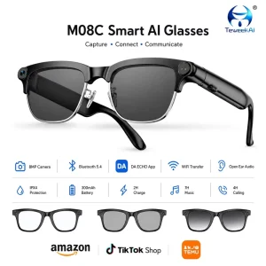 M08C AI Glasses Selfie Monitor Screen 8MP Camera 1080P Video Recorder IP65 Water Resistant 300mAh Battery Dual Mic ENC WiFi