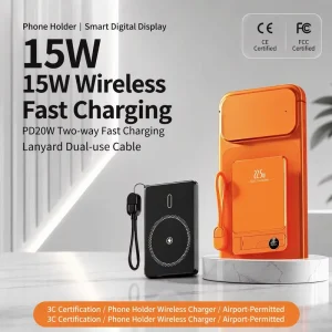 Magnetic Wireless Power Bank 5000mAh 22.5W GaN Fast Charging Ultra Thin Aluminum Alloy LED Display Holder Type C OEM
