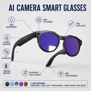 Manufacturer AI Smart Glasses with Camera Waterproof Design AI Assistant Hands Free Calling Voice Control Magnetic Charging