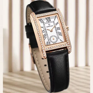 Mark Fairwhale Women Quartz Watch Retro Roman Square Dial Zirconia Diamonds Waterproof Leather Strap Dress Wristwatch FW 3430