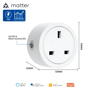 Matter WiFi Smart Plug Socket US UK EU Standard 16A 3680W with Power Meter Works with Apple HomeKit Alexa Google Assistant Tuya
