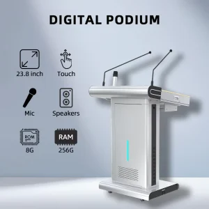 Metal Touch Screen Podium Audio Lectern With 2 Gooseneck Mics Electronic Educational Amplifier Speaker Powered Smart Podium