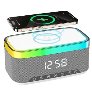 Mgitec New A911 Desktop Smart Speaker Digital Clock Wireless Charger with for Audio 360 Surround Sound for V5.3 Wireless Speaker