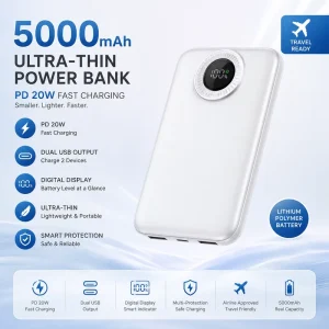 Mini 5000 MAh Ultra-thin Portable Power Bank with Dual USB Output Lithium Polymer Battery PD 20W Fast Charging Digital Display