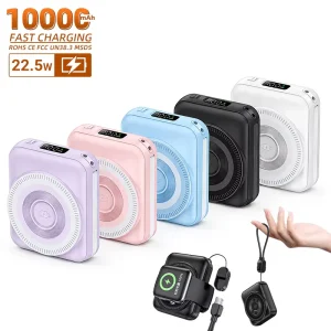Mini Magnetic Wireless Power Bank 10000mAh PD 22.5W Fast Charger Built-in Lanyard Cable For iPhone Watch AirPods