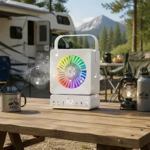 Mini Portable Air Cooler Humidifier Fan Speaker Battery Operated Misting Desk Fan for Travel Bedroom Camper Rv