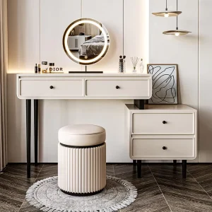 Minimalist Makeup Vanity Desk with LED Mirror Dressing Table Set with Drawers and Storage Cabinet for Bedroom