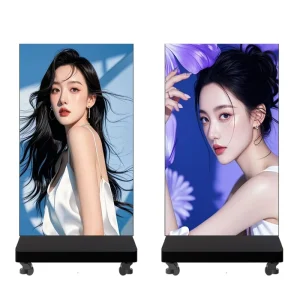 Mobile Wireless LED Poster Screen 4K HDR10+ Built in CMS Digital Signage Display Wheels Foldable Design Museum Gallery Digital