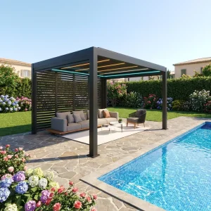 Modern Aluminum Bioclimatic Pergola Smart Automatic Louvers LED Lighting Free Standing Outdoor Shade System Eco Friendly Luxury