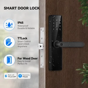 Modern Black WiFi Smart Door Lock with App, Fingerprint, PIN Code, RFID Card & Mechanical Key, IP65 Waterproof
