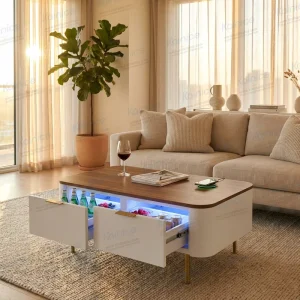 Modern Hotel Wood Finish Refrigerator Beverage Beer Storage Side Table Tempered Glass Smart Coffee Table Speakers