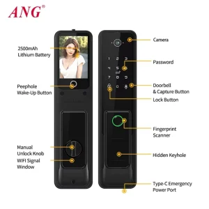 Modern Intercom Digital Locks for Doors Push Pull Automatic hd Screen Smart Security Cameras Tuya Wifi Fingerprint Door Lock