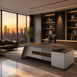 Modern L Shaped Executive Desk E1 MDF Luxury Manager Office Table Wireless Charging 3D Texture Cabinet Code Lock