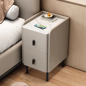 Modern Multifunctional Solid Wood Glass Top Smart Bedside Table Wireless Charging LED Lighting 2 Drawers for Apartment Bedroom
