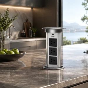 Motorized Pop up Socket for Kitchen Island Smart Desktop Power Outlet with USB Ports Wireless Charging IP44 Tabletop Socket