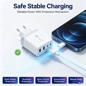 Multi Port Fast Charger | PD55W QC3.0 USB C Charger | 2 USB a 2 Type C EU Plug Lightweight Travel Adapter | Home Office