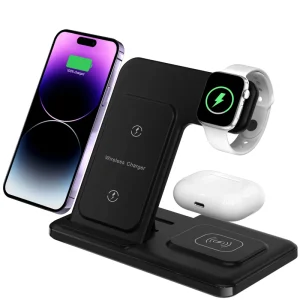 Multifunction 3 in 1 Wireless Charger with Fast Charging 15W Foldable Phone Stand for iPhone & Smart Devices
