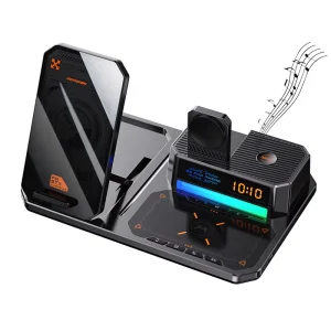 Multifunction Mecha Style Atmosphere Light Rgb Desk Alarm Clock Speaker 15w Fast Charging Wireless Charger