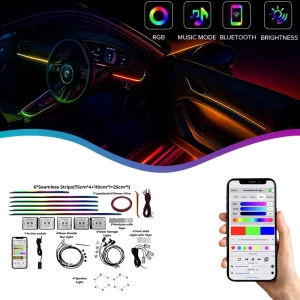Music Sync Car Interior LED Ambient Light Strip APP Control RGB 16 Million Colors Multi Device Sync Lighting Kit 12V Universal