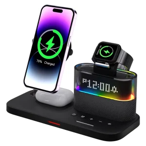 NEW High Quality Newest 5 In 1 Magnetic Charging Stand Smart Desk 15W Led Night Light Wireless Charger With Alarm Clock