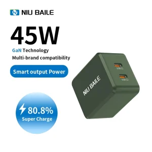 NIUBAILE 45W Universal Fast Charger Dual Type C Ports Foldable Design Fireproof PC Material PD 2.0 FCP Compliance 30W Max Output