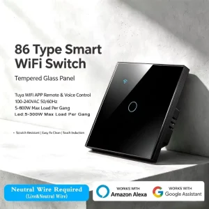 Need Neutral Wire Required 86*86mm WiFi Smart Switch Tuya APP Timing 2.4GHz 802.11b/g/n Touch Glass Light Switch CE FCC RoHS
