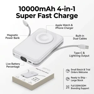 Neutral Packaging 10000mAh Magnetic Wireless Power Bank 22.5W Built in USB C Cable LED 2.5W Watch External Battery