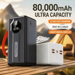 New 80000mAh High Capacity Power Bank PD22.5W Fast Charging Digital Display Universal 4 USB Output Charger for Travel