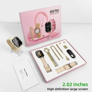 New A58Plus Smartwatch Supports Calls, Gold Quartz Watch, Ring, Necklace, Exquisite Jewelry Set